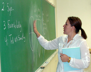 Urla in front of blackboard