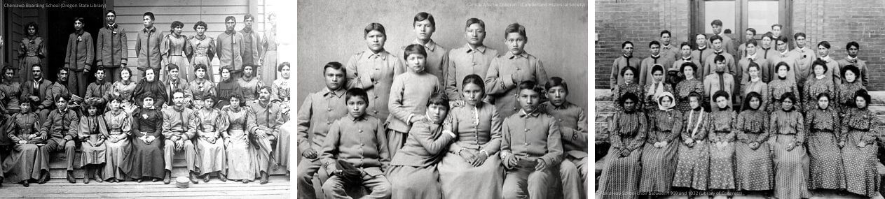 An image of students at the Chemawa Boarding school in Oregon, Apache students at the Carlisle Indian Boarding School, and the Flamdreau School Choir.