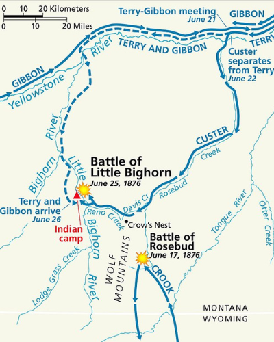 Little Bighorn battle map, zooming out to show the military movements leading to the decisive battle. U.S. National Park Service