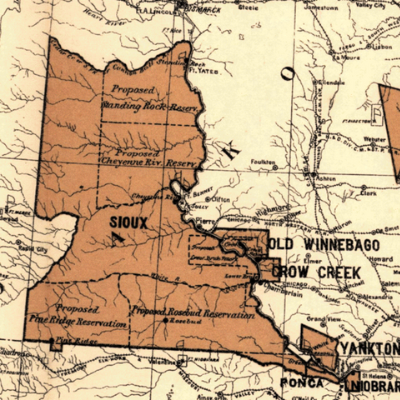 Great Sioux Reservation. 1888 Map showing the location of the Indian reservations within the limits of the United States and territories, compiled from official and other authentic sources, under the direction of the Hon. Jno. H. Oberly, Commissioner of Indian Affairs; Wm. H. Rowe, draughtsman.